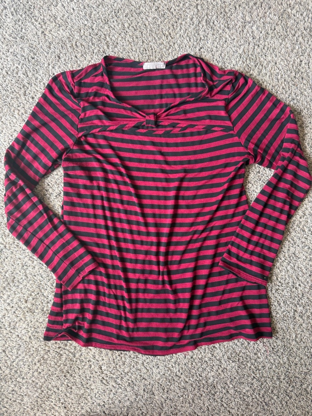 Striped Long-Sleeve Women's Top in Burgundy and Black Cutout Above Chest 3XL